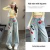 Spring 2025 Women's Embroidered High-Waist Wide-Leg Jeans - Light Color, Slimming Design