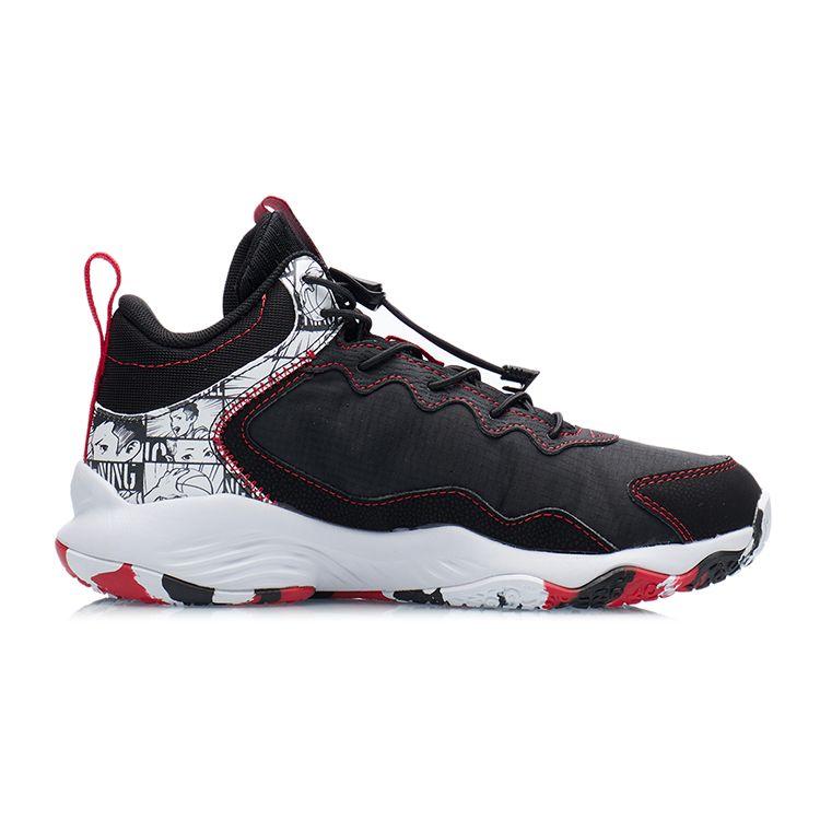 LiNing Pioneer Mid Basketball Shoes Kids Sneakers Black White Red YKBR050-1