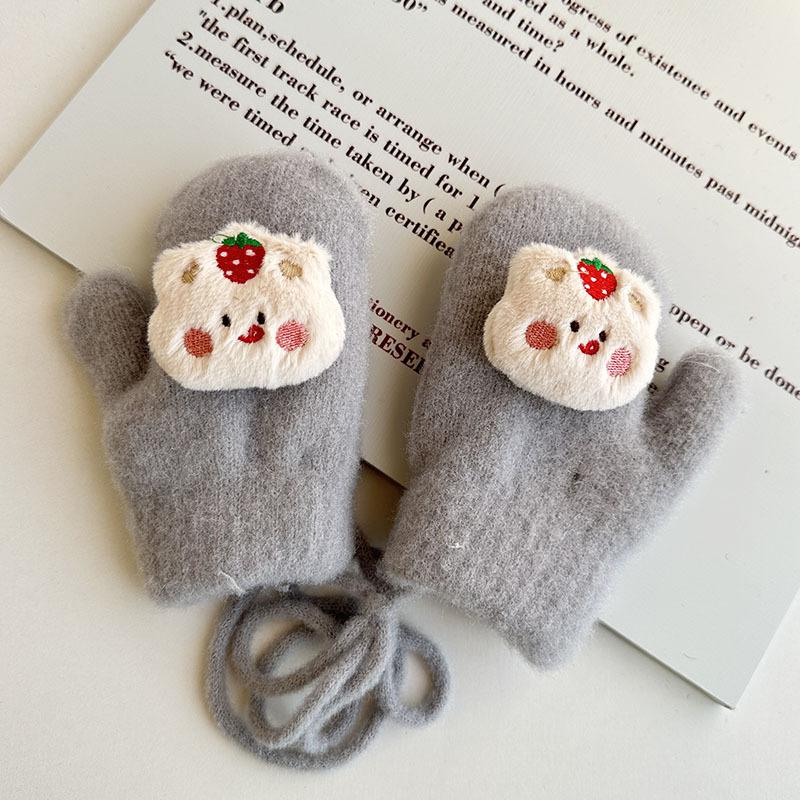 

New Autumn and Winter Children s Finger Gloves Korean Version Cartoon Baby Gloves Thickened and Velvet Warm Hanging Neck Mittens one size