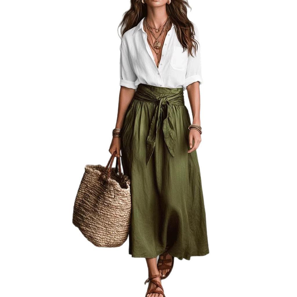 Black Short Sleeve Shirt and Green Tie Waist A-Line Skirt Set