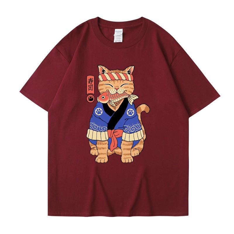 Japanese Harajuku Samurai Sword Cat T-Shirt Men Women Casual Tee Clothes Cotton Summer Tops Breathable T-Shirts