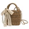 Yogodlns Floral Embroidery Bow Decor Straw Bag Woven Hollow Shoulder Bucket Bag Holiday Beach Bag Summer Crossbody Bag Handbag