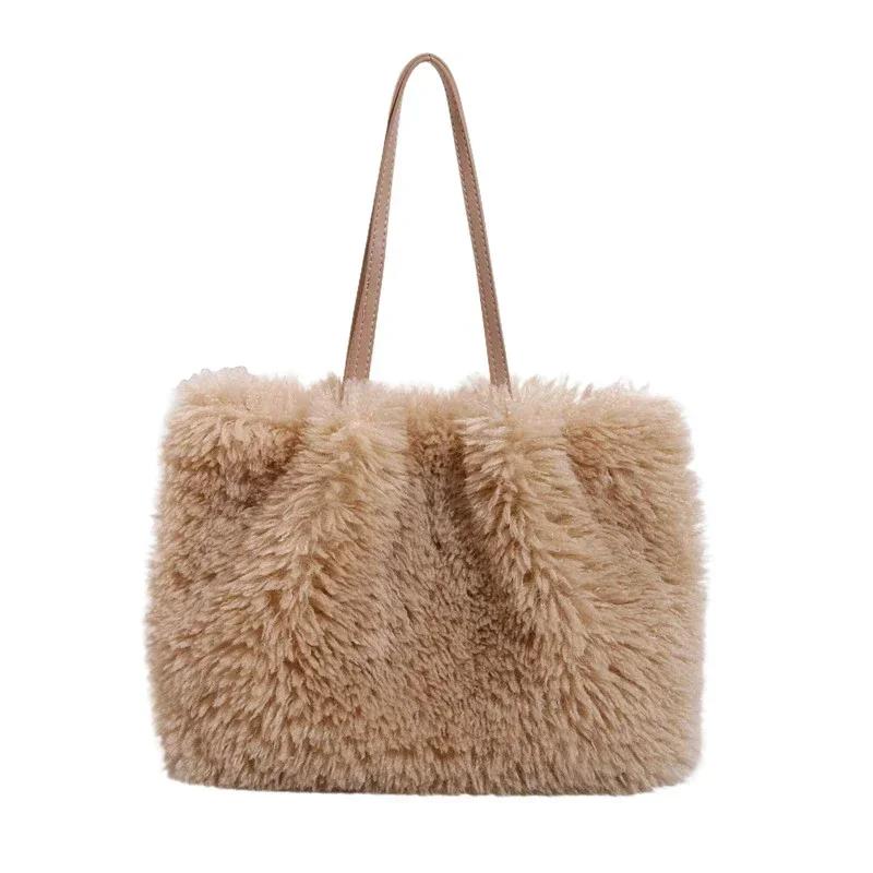 New large capacity solid color fur handbag for women trendy fashion casual single shoulder feminine bags
