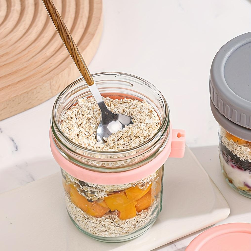 4pcs 11.83oz Glass Oatmeal Cup with Spoon, Breakfast Cup with Scale, Portable Breakfast Salad Jar, Yogurt Container, Storage Tank for Family Dining