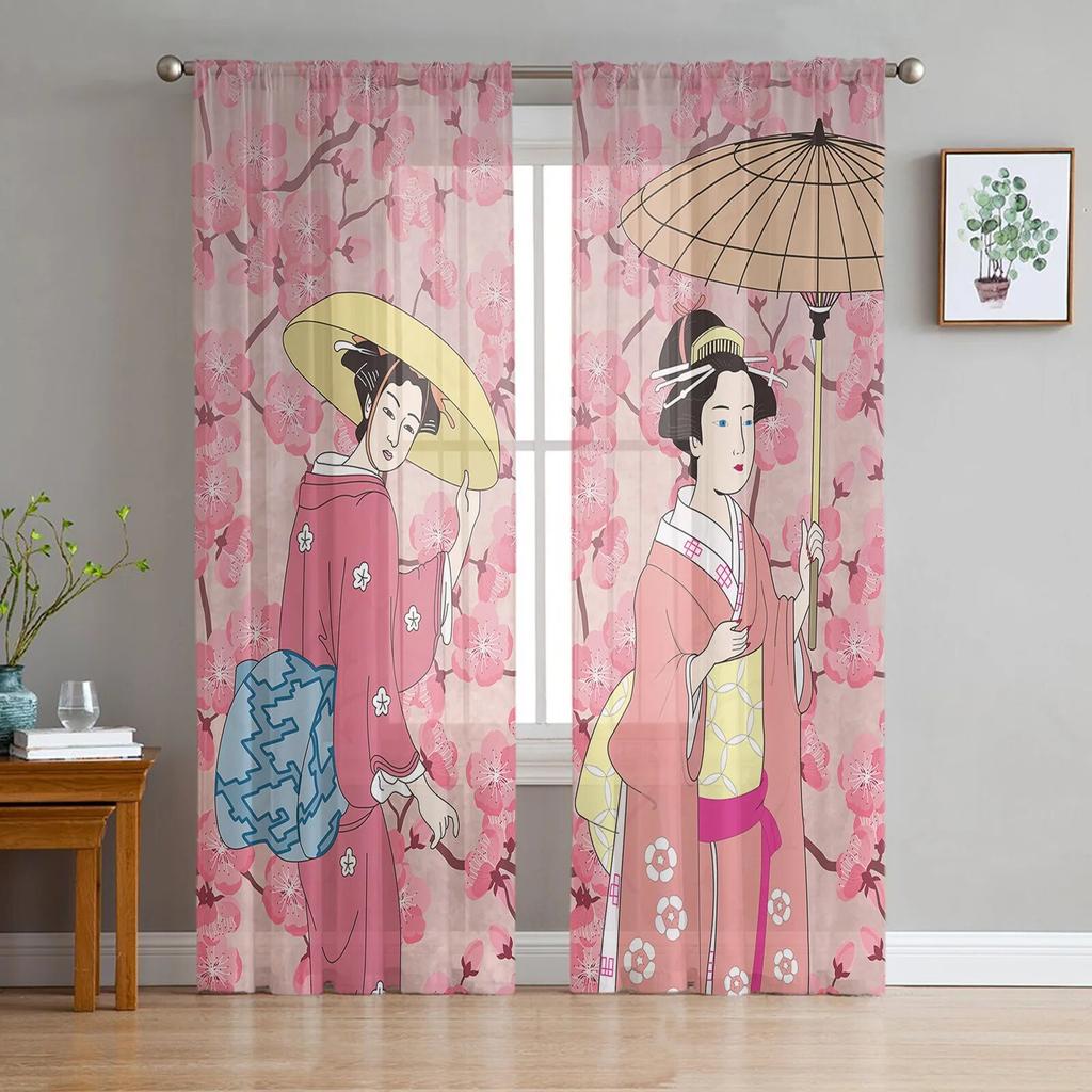 Japanese Geisha Tulle Curtains For Living Room Bedroom Decor Chiffon Sheer Voile Kitchen Window Curtain