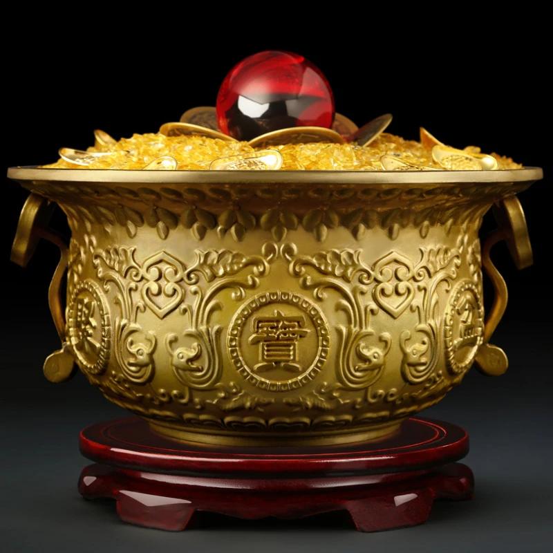 Copper Treasure Bowl Ornament Solid Wood Base Absorb Wealth Living Room Home Decoration Feng Shui Housewarming Opening Gift