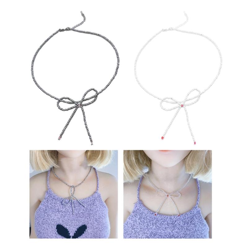 Trendy Bowknot Clavicle Chain Necklace Exquisite Beads Necklace Party Neck Jewelry Glaze Material Gift for Fashion Lover