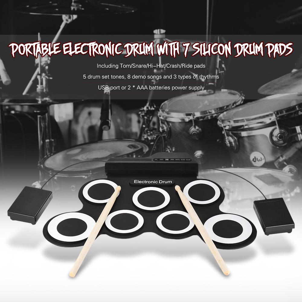 Tragbares digitales elektronisches Roll-Up-Drum-Set in kompakter Größe, 7 Silikon-Drum-Pads, Stromversorgung über USB
