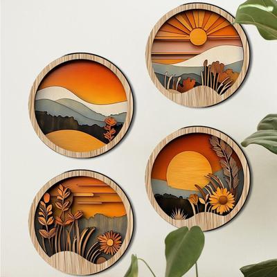 4pcs Bohemian Wall Art Decor 20cm Sunset Theme Wooden Frame Aesthetic Ornament Rustic Hanging Sculptures for Living Room Bedroom