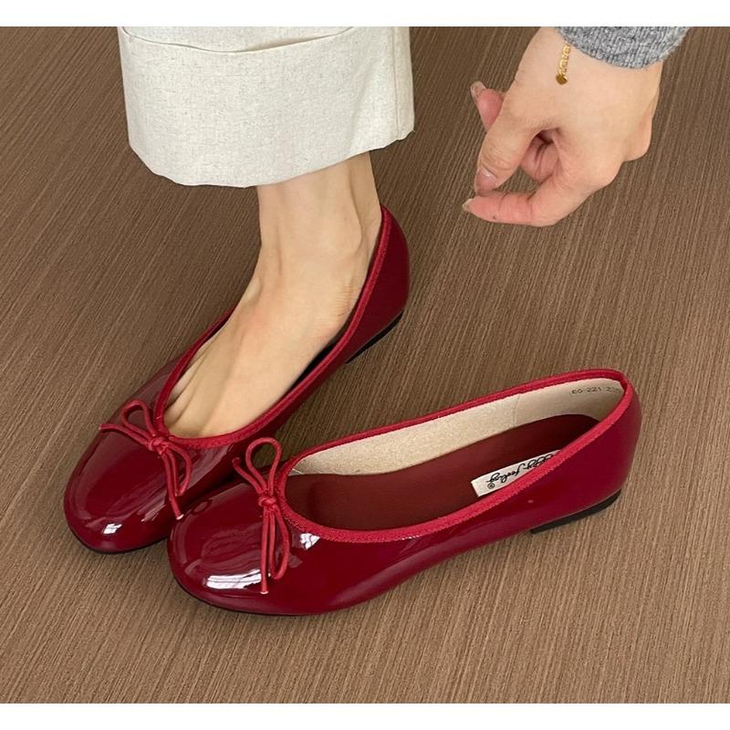 Fashion Designer Red Elegant Bowknot Round Toe Women's Flat Shoes Comfort Slip-On Ladies Ballerina Single Mules Shoes Zapatos Mujer