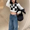 Autumn Sweater Women's Knitted Sweater Checkerboard Pattern Sweater Women's Half High Collar Long Sleeved Knitted Short Sweater