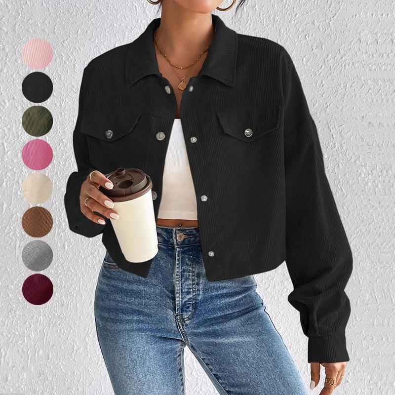 2024 Autumn and Winter Cross-border Amazon Europe, America, Temperament Slim-fitting Short Zipper Cardigan Polo Neck Corduroy Jacket