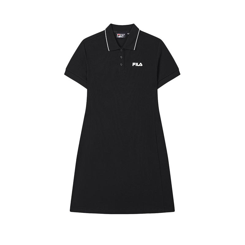 FILA Original Solid Color Comfortable Casual Versatile Polo Collar Short Sleeve Dress Women Dresses Black F51W529316F-BK