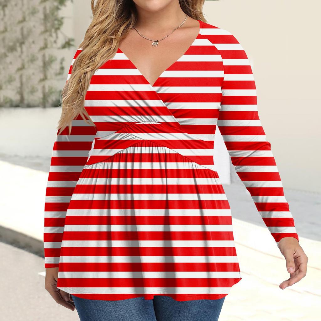 Women's Plus Size Shirt Long Sleeve  Print Top Pleated Casual V-Neck Top