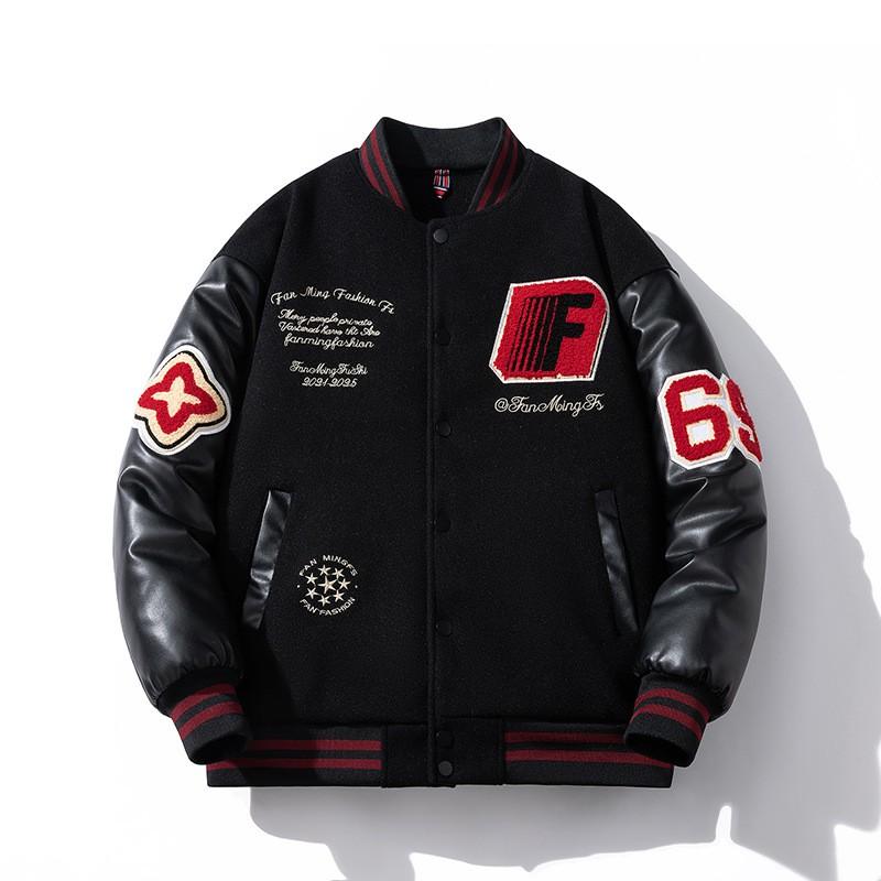American Racing Style Baseball Jacket Men Couples Embroidered Wool Blend PU Leather Padded Thickened Student Streetwear