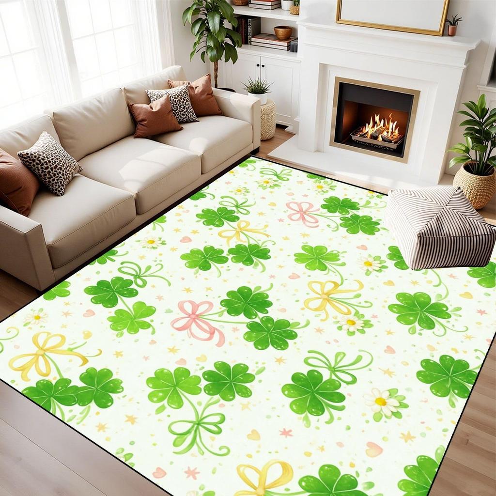 St Patricks Day Rainbow Rug Irish Green Clover Shamrock Print Decor Carpet Soft Non-Slip Floor Mat for Living Room Holiday Party