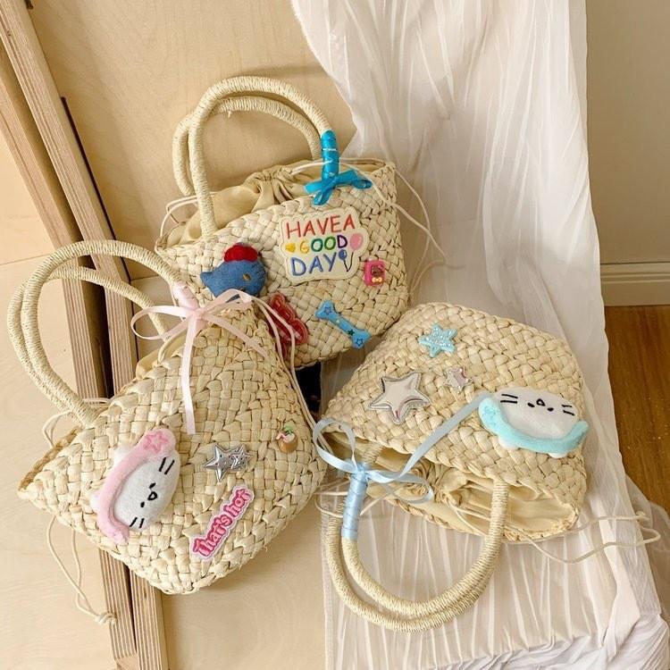 Cute Earphones Cat Stars Kitty Cat Decoration Women Casual Straw Woven Handbag For Daily Use Women
