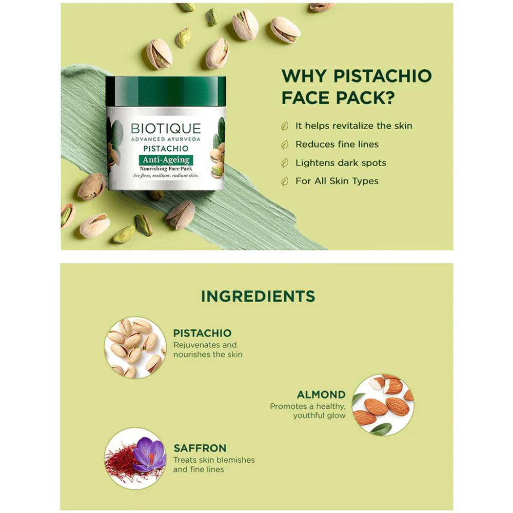Biotique Bio Pistachio Ageless Nourishing Face Pack 50g – Revitalizing Skin Treatment for Spots & Glowing Tone
