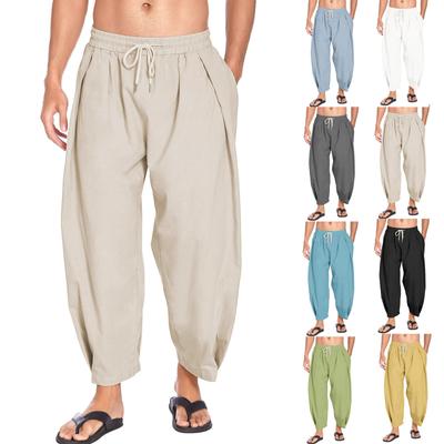 Sommer Haremshose für Herren aus Leinen, leichte Streetwear, einfarbig, Baumwollhose, Strand-Trainingshose, atmungsaktive Hose für Männer