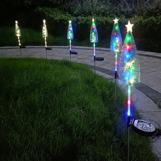 Solar Powered Christmas Tree Lights Outdoor Waterproof LED Lawn Lights with Star Topper Colorful Holiday Garden Decoration for Yard Patio