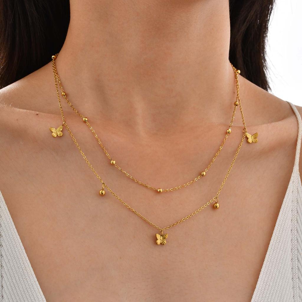 Stainless Steel Double Layer Stacked Necklace for Women,Gold Color Butterfly Bead Chain Necklaces,Trendy Jewelry Gift