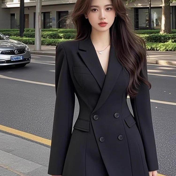 Black Slim Fit Mid-Length French Suit Jacket - Spring & Autumn Korean Style Fashion