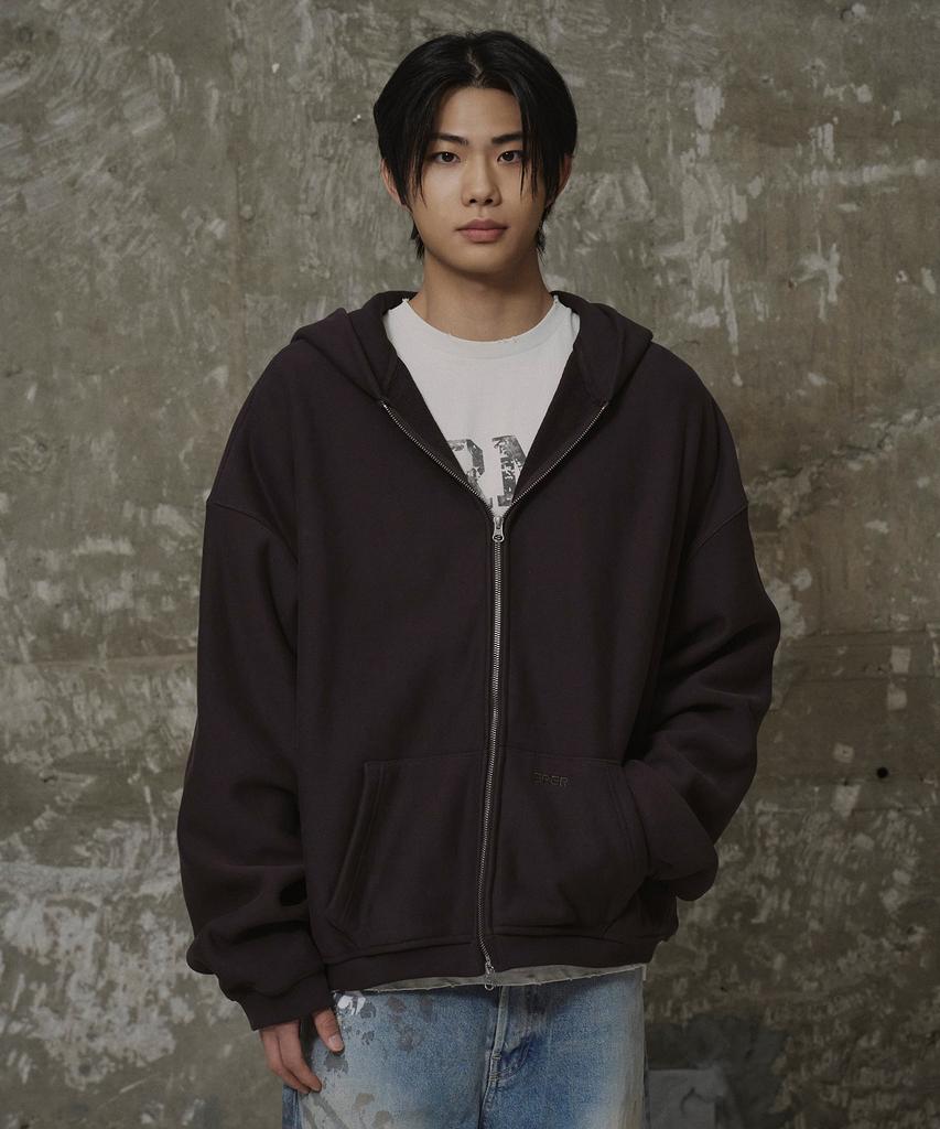 Erer Men Oversized Sweat Hoodie Zip-Up Brown