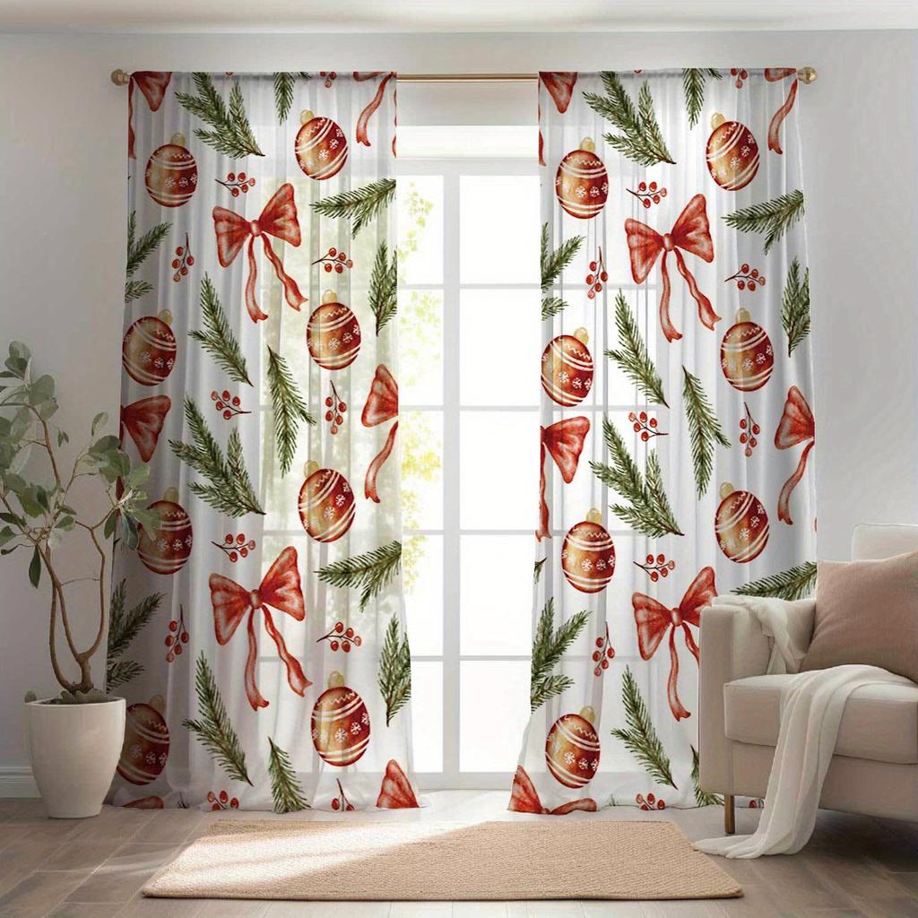 Glam Christmas Curtains Semi-Sheer Polyester Rod Pocket Drapes with Festive Holiday Print for Living Room Bedroom Window Decor