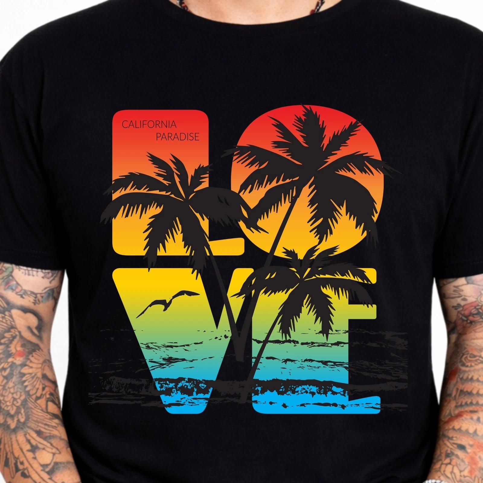 California Beach Sunset Palm Trees Graphic T-Shirt Paradise Surf Tee Ocean XL