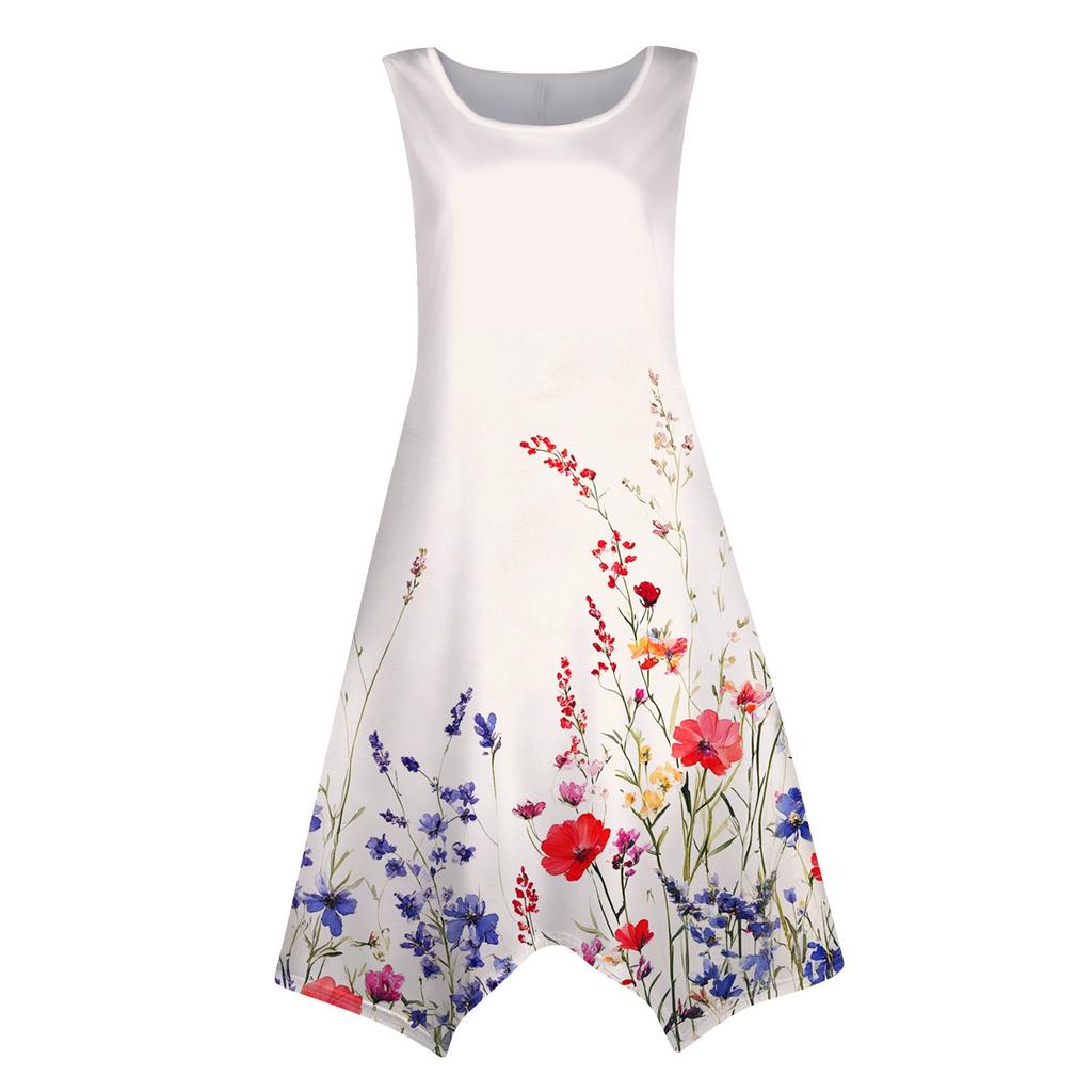 Women's Casual Fashion Round Neck Sleeveless Print Irregular Hem Midi Dress Hem Midi Dress