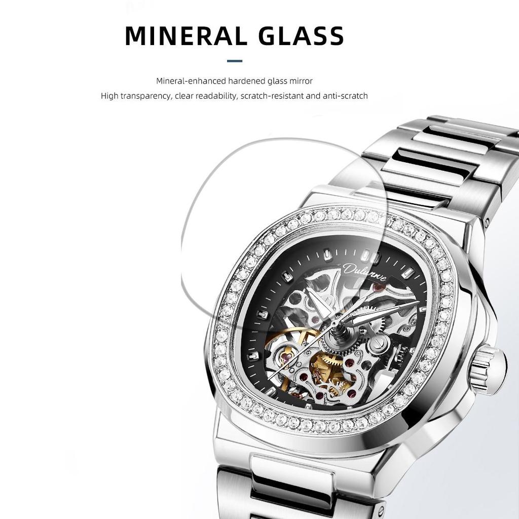 Skeleton Mechanical Watches Rose Gold Case Diamond Bezel Luminous Waterproof Fluororubber Strap Watch