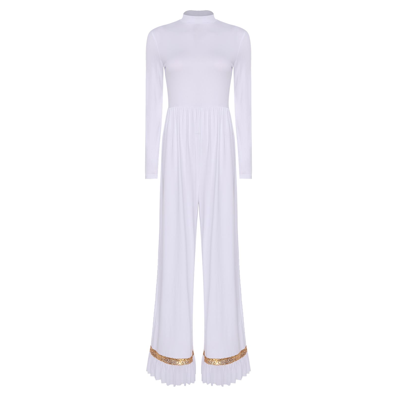 

Womens Worship Dance Romper Long Sleeve Back Zip Up Shiny Sequin Ruffled Mesh Trim Wide Leg Pants Jumpsuit M білий