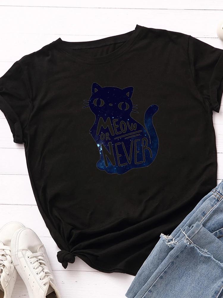 Meow or Never Cat Print Women T Shirt Short Sleeve O Neck Loose Women Tshirt Ladies Tee Shirt Tops Clothes Camisetas Mujer