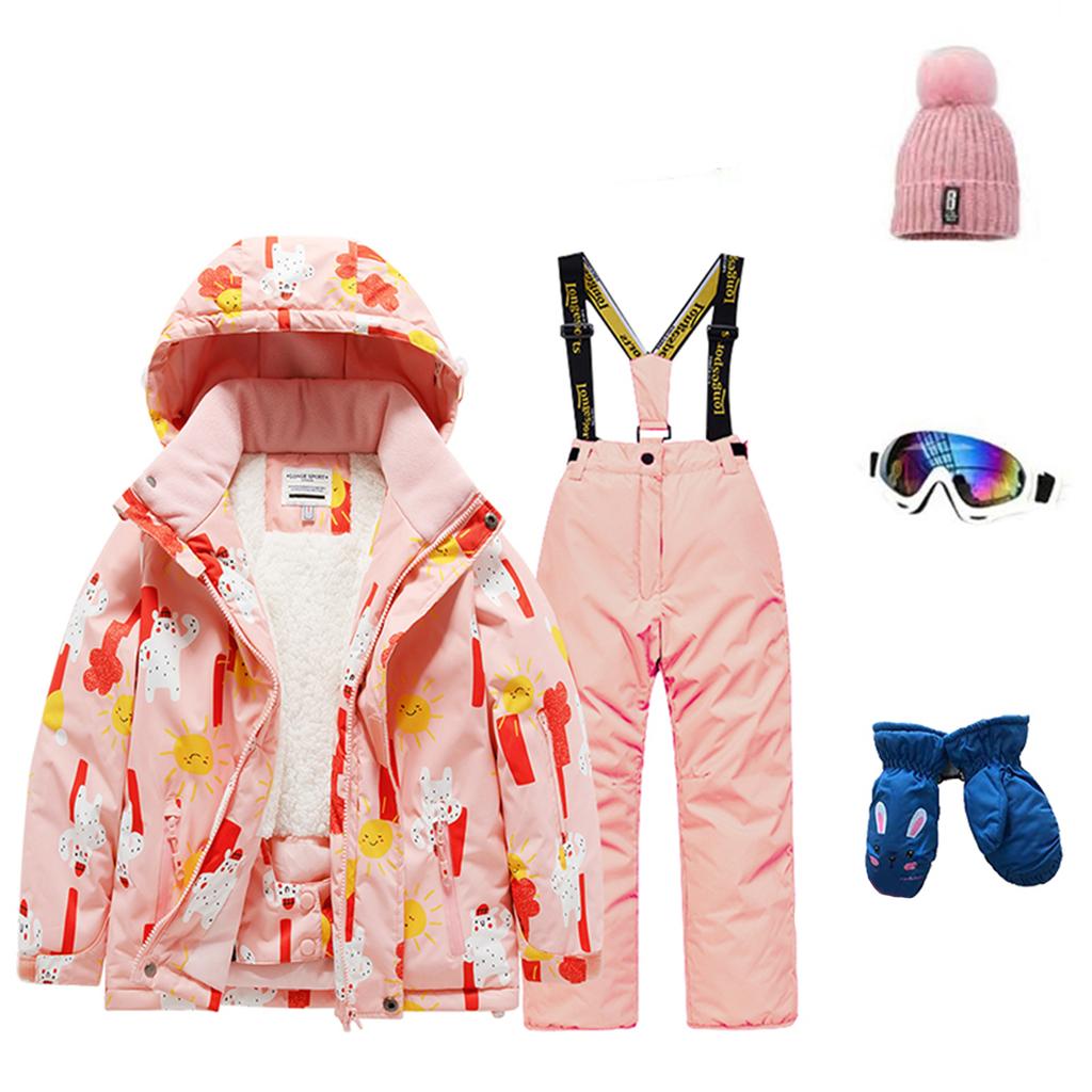 Dětská módní lyžařská souprava pro chlapce a dívky, zateplená, voděodolná, termo lyžařská souprava, pětidílný komplet s bundou a kalhotami