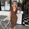 American Simple Style V-neck Breasted Waist and Thin Knitted Skirt Women's High Waist Low Chest Sexy Hip-wrapped Dress