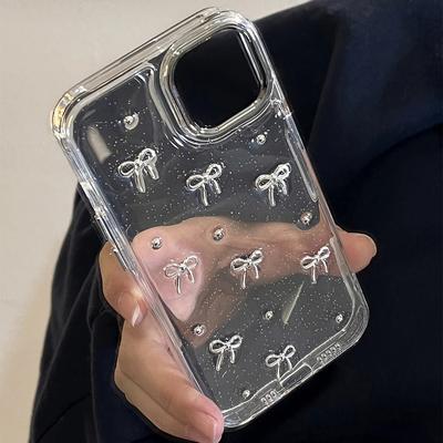 Luxury 3D Silver Bowknot Transparent Phone Case For iPhone 16 15 13 12 11 Pro Max 14 Plus Korean Girl Epoxy Glitter Soft Cover