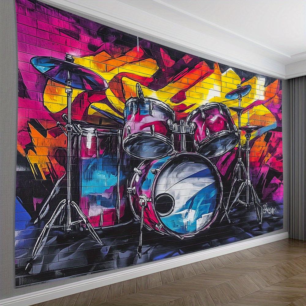 Textilien Graffiti Drum Set Tapestry, Colorful Street Art With Musical Instruments, Rock Music Wall Hanging For Living Room Bedroom Decor