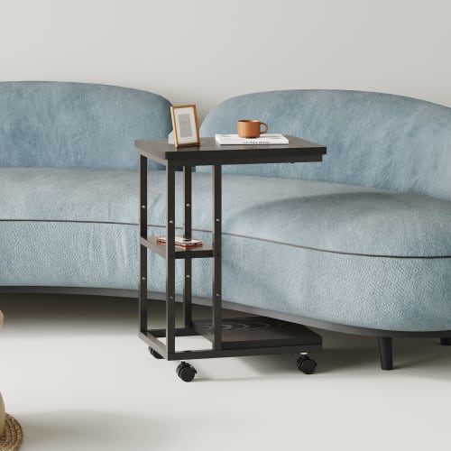 YeTom Side Table with Casters, U-Shaped Sofa Table, Bedside Table, Movable Nightstand with Adjustable Laminate, 40cm Wide x 29.5cm Deep x 51.9cm High