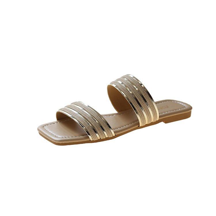 Women s slippers square head one word flat sandals simple versatile sandals 35