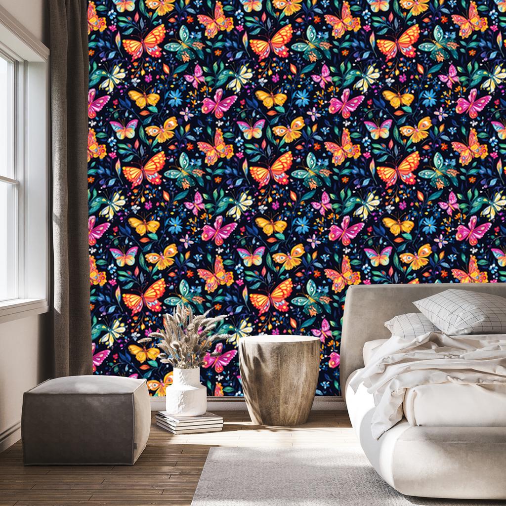Wallpaper Colorful Butterflies Navy Blue, Turquoise and Black 50x1000