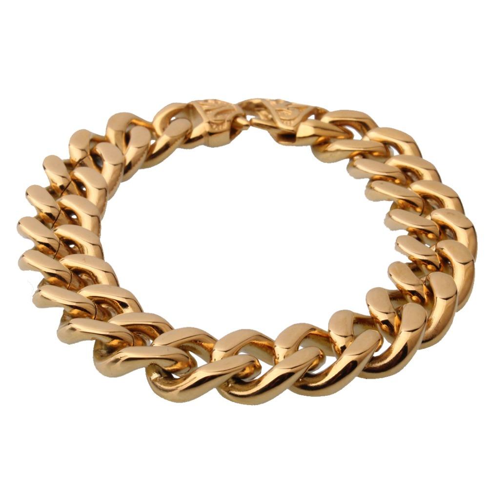 Fashion Style Mens Gold Bracelet Stainless Steel Bracelet  Curved Curb Link Chain Wholesale Jewelry 15mm