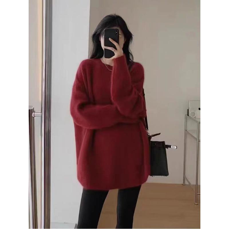 Autumn and Winter Pullover Women Medium and Long Sweater Fashion Loose Office Knitted Bottoming Shirt Solid Color O Neck Long Sleeve Casual Simple Top