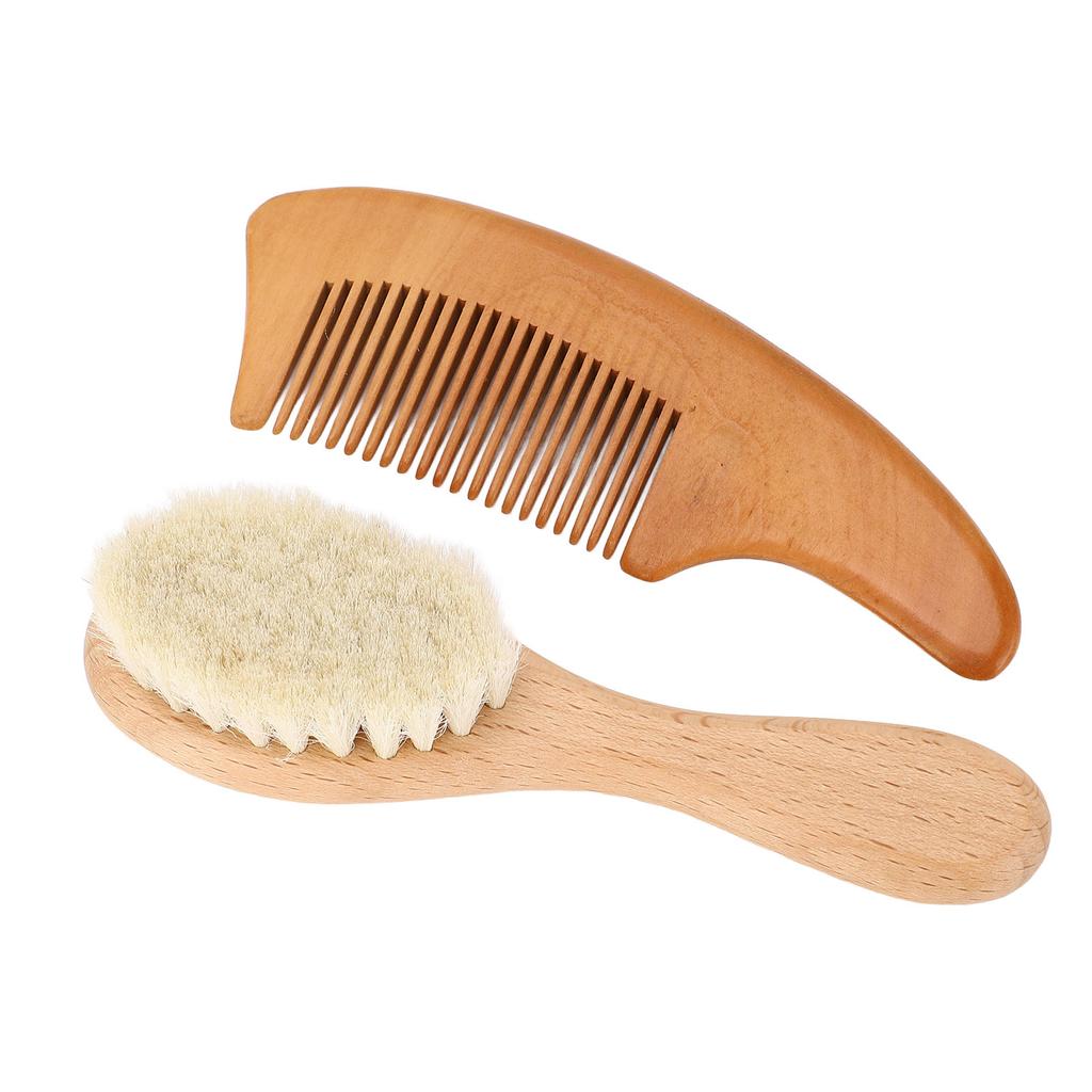 Baby Hair Brush and Comb Set Soft Wool Bristles Beech Wood Handle Infant Hair Brush Comb Set