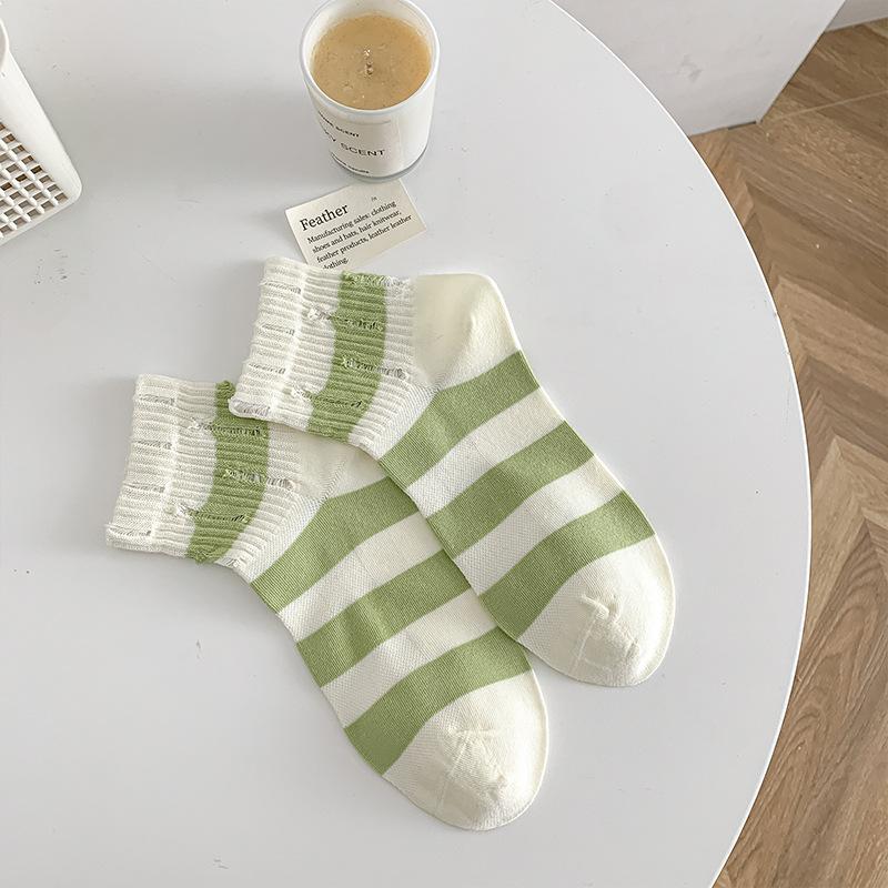 Female Spring and Summer Thin Style Trend All Kinds of Casual Broken Hole Thick Stripe Short Tube Socks