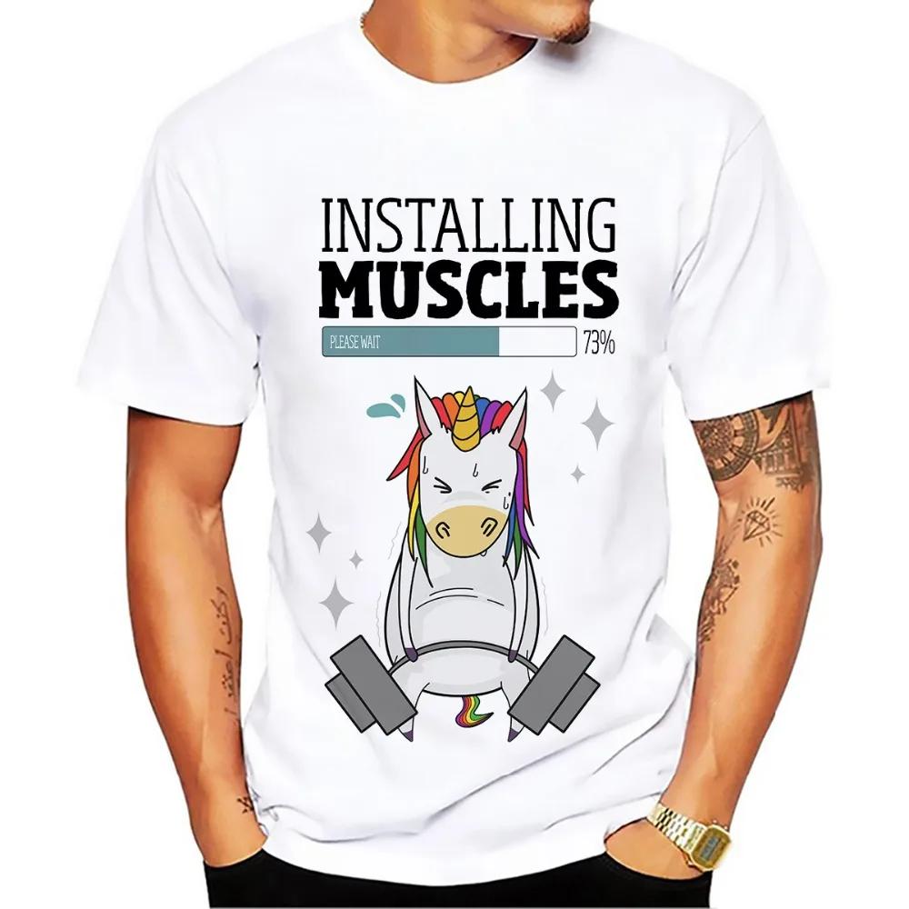 Installing Muscles Bodybuilding Unicorn Gym Weightlifting Funny T-Shirt,Men Casual Short Sleeve