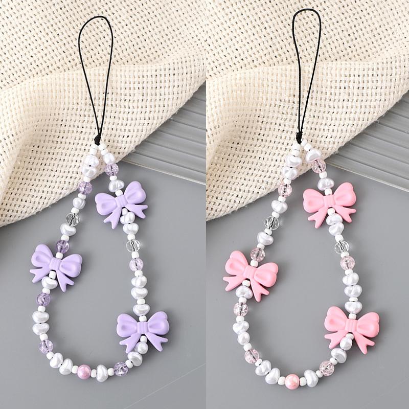 Simple Cute Kawaii Bowknot Beaded Phone Chain  Delicate Keychain For Women Girls Sweet Bag Decoration Accessories Gifts