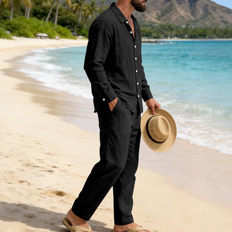 Men Loose Casual Holiday Long Sleeve Linen Shirt Straight Pants Suit