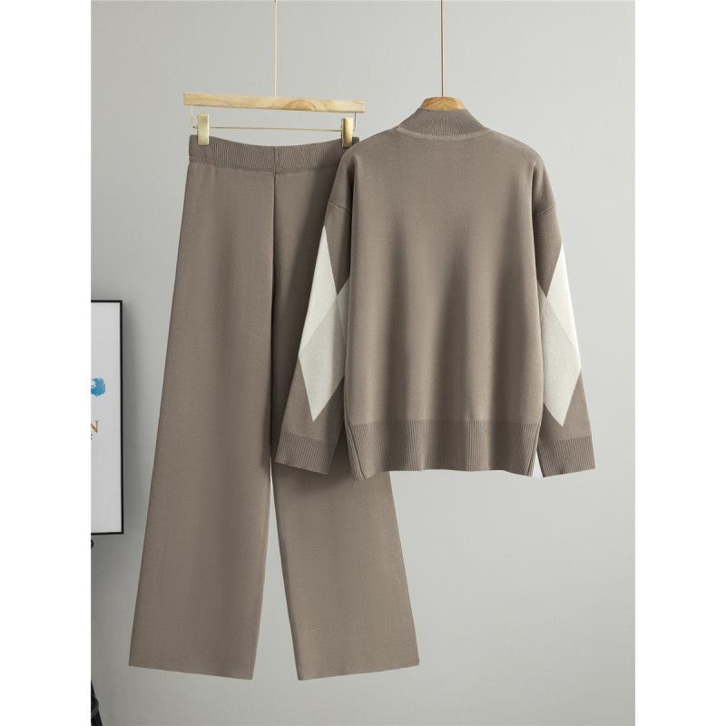Women's Autumn/Winter Knitwear Set: Cross-Rhombus Half-High Collar Sweater with Wide-Leg Pants Fashion Two-Piece.