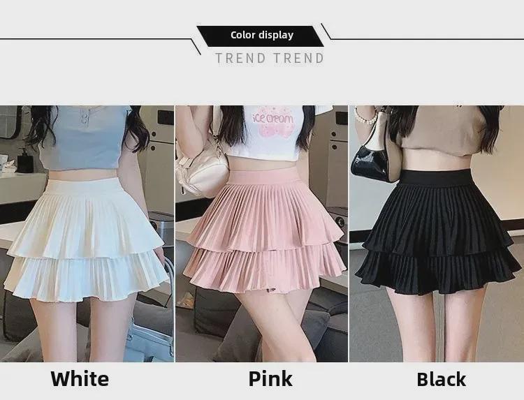 Fustă plisată cu strat dublu, cu talie înaltă, inspirată de balet - Dulce și drăguță, Slim, Anti-expunere, Stil de vară