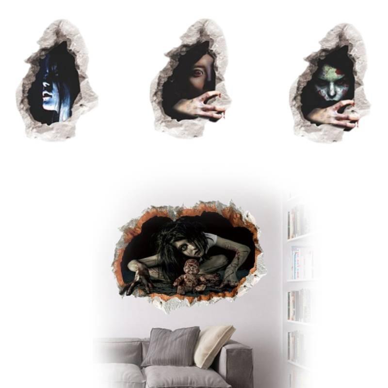 3d Realistic Horrifying Halloween Wall Breakthrough Ghost Girl Wall Sticker Removable Pvc Decor For Living Room And Hallway